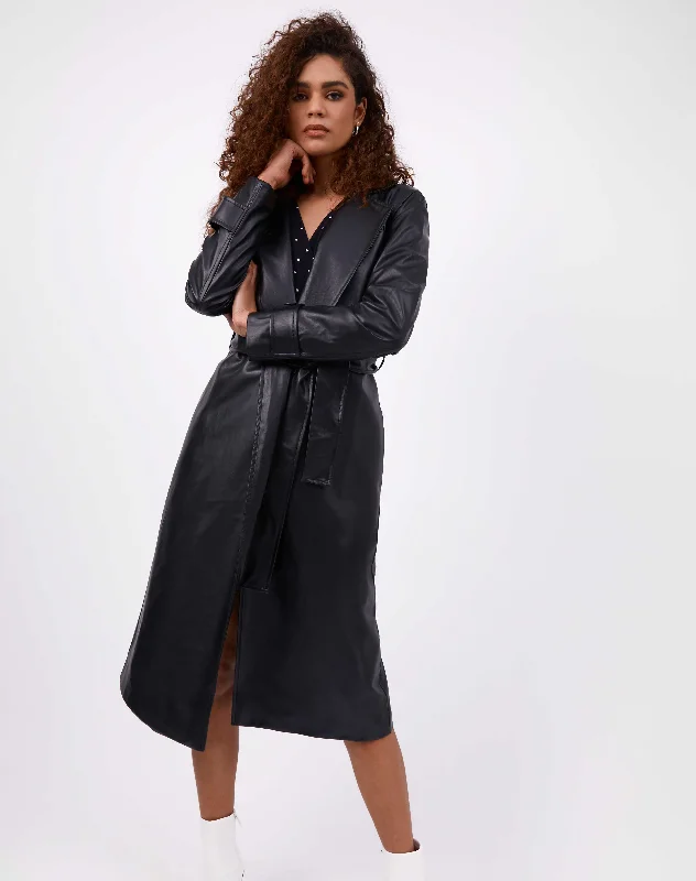 Faux Leather Long Coat With Belt | Coco