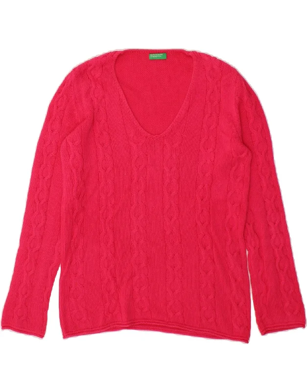 BENETTON Womens V-Neck Jumper Sweater UK 6 XS Pink Cotton