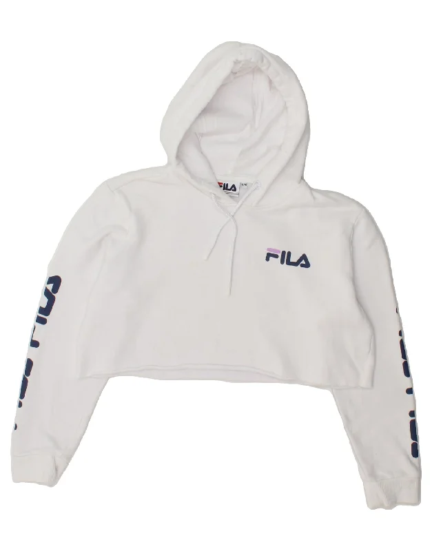 FILA Womens Oversized Graphic Crop Hoodie Jumper UK 10 Small White Cotton