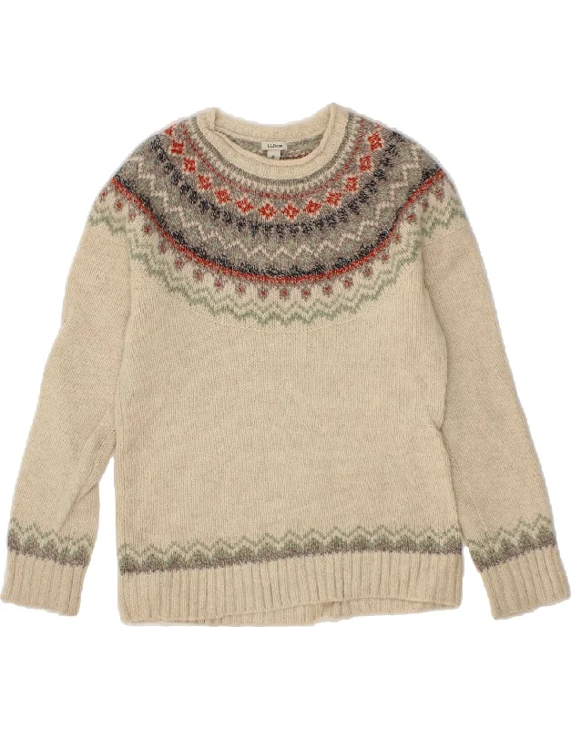 L.L.BEAN Womens Crew Neck Jumper Sweater UK 14 Medium Beige Fair Isle