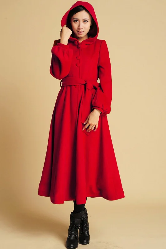 Handmade Red Wool Swing Coat with big Hood 0394