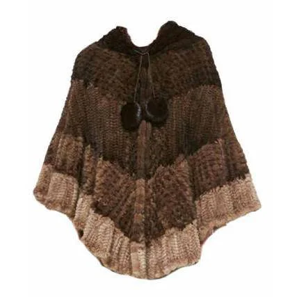 Knitted Ombre Mink Poncho with Hood - Brown