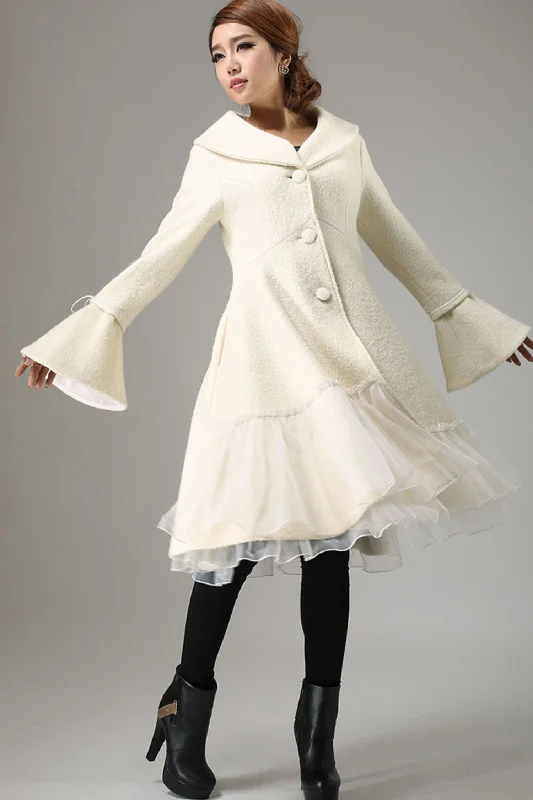 Beige white wool winter warm jacket long sleeve outwear 0725#