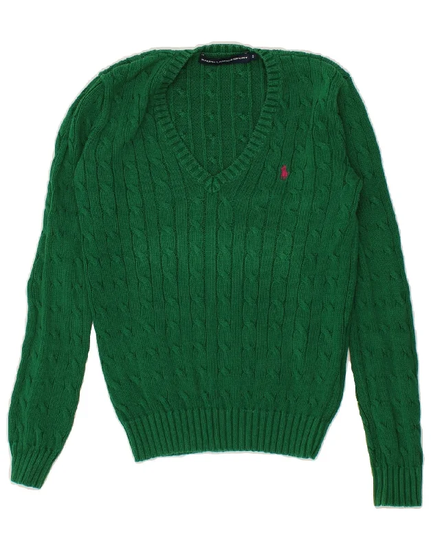 RALPH LAUREN Womens V-Neck Jumper Sweater UK 10 Small Green Cotton