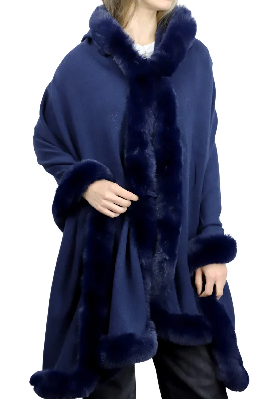 Wrap with Hood & Faux Fur Trim - Navy