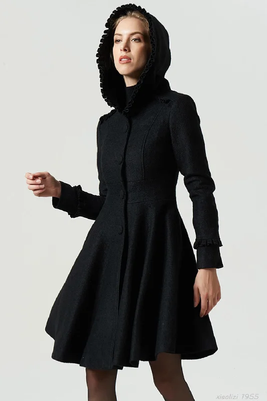 short black wool coat with ruffle details 1955