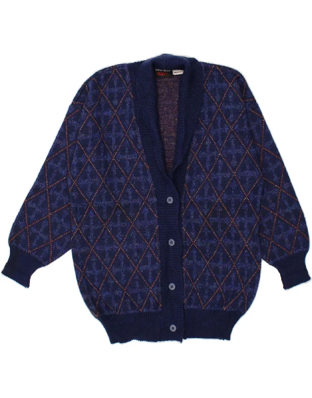 VINTAGE Womens Cardigan Sweater UK 16 Large Navy Blue Argyle/Diamond