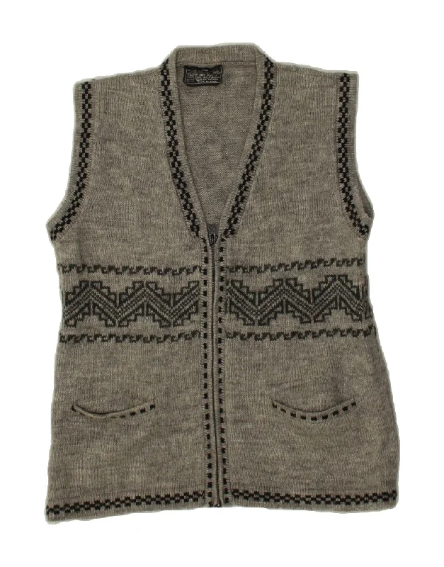 VINTAGE Womens Sleeveless Cardigan Sweater UK 14 Medium Grey Fair Isle