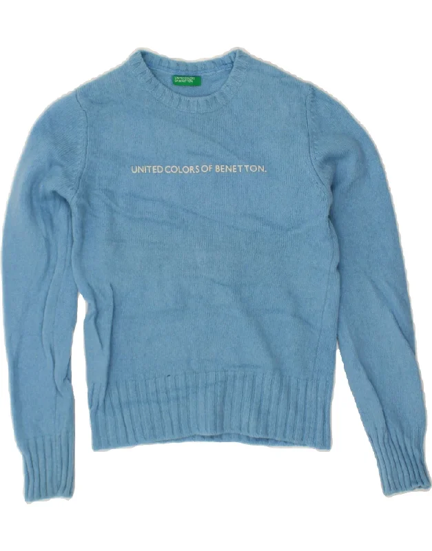 BENETTON Womens Graphic Crop Boat Neck Jumper Sweater UK 8 Small Blue