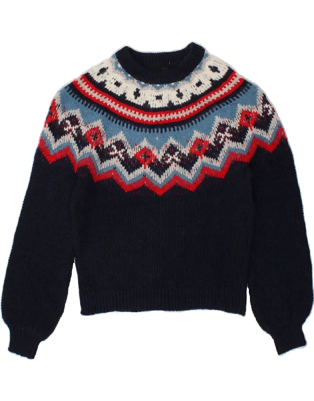 J. CREW Womens Boat Neck Jumper Sweater UK 14 Medium Navy Blue Fair Isle