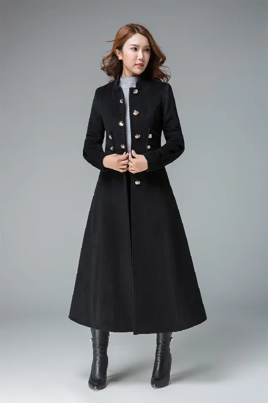 black winter coat, long wool coat, wool jacket, fitted coat, long coat 1840#