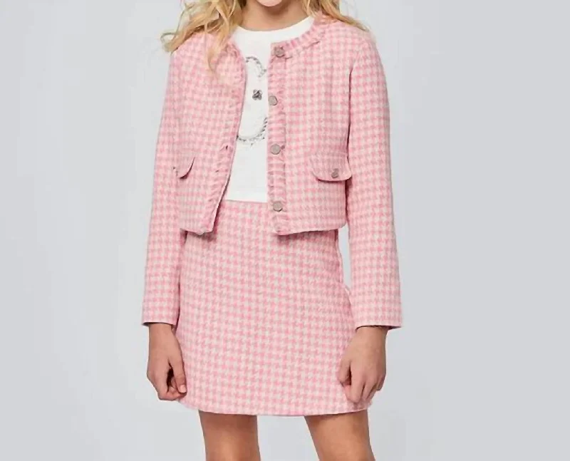 Girl's Houndstooth Jacket In Pink Multi