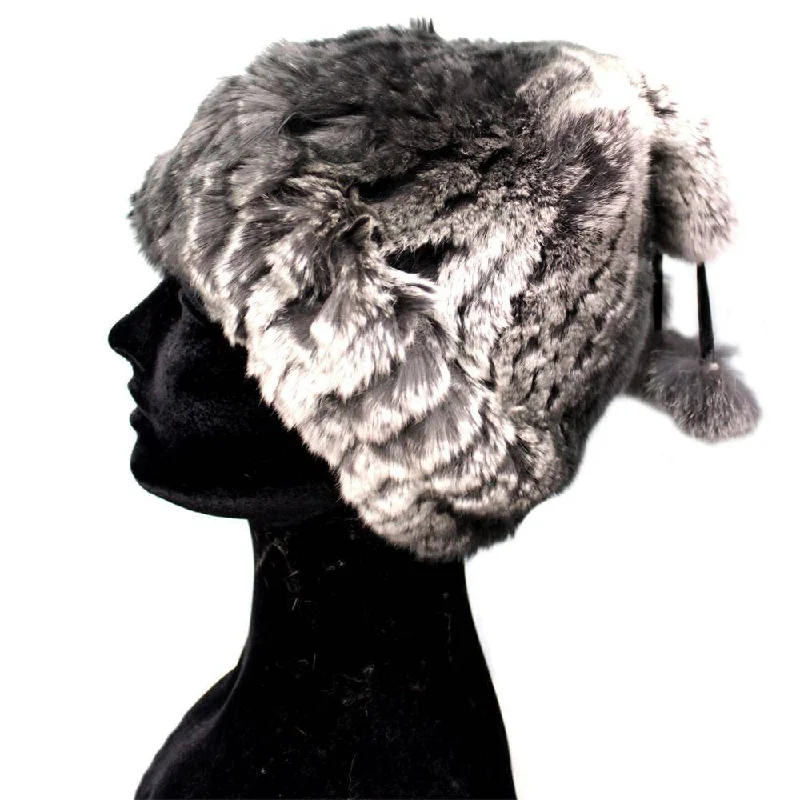 Knitted Rex Rabbit Fur Hat with Pom Poms-Grey