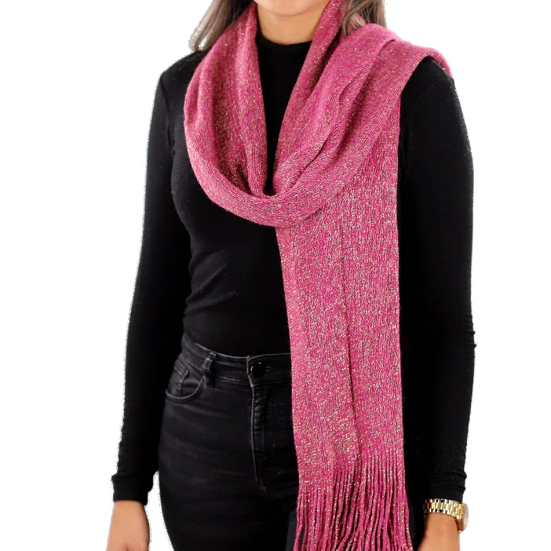 Solid Lurex Knit Scarf With Fringe-Pink