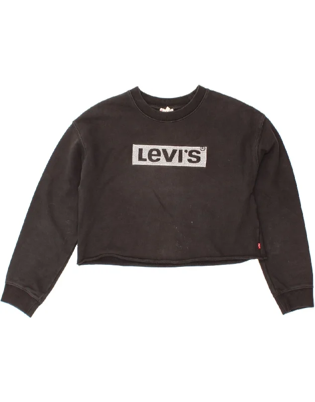 LEVI'S Womens Oversized Graphic Crop Sweatshirt Jumper UK 10 Small Black