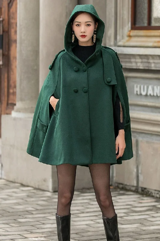 Green Hooded Wool Cape Coat Women 3141