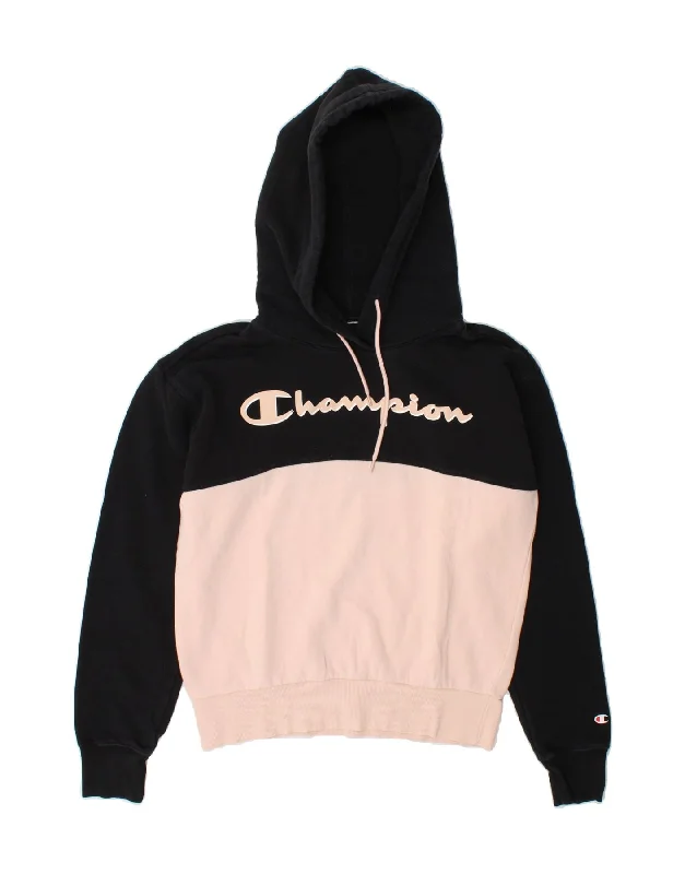 CHAMPION Womens Graphic Hoodie Jumper UK 14 Medium Black Colourblock