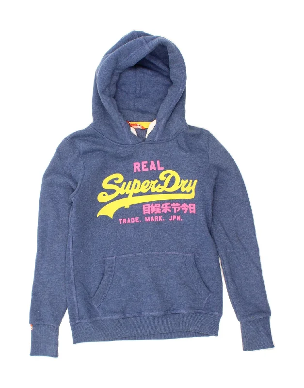 SUPERDRY Womens Graphic Hoodie Jumper UK 10 Small Blue Cotton