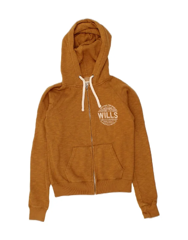 JACK WILLS Womens Graphic Zip Hoodie Sweater UK 8 Small Brown Cotton