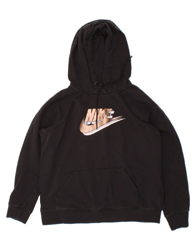 NIKE Womens Graphic Hoodie Jumper UK 14 Medium Black Cotton